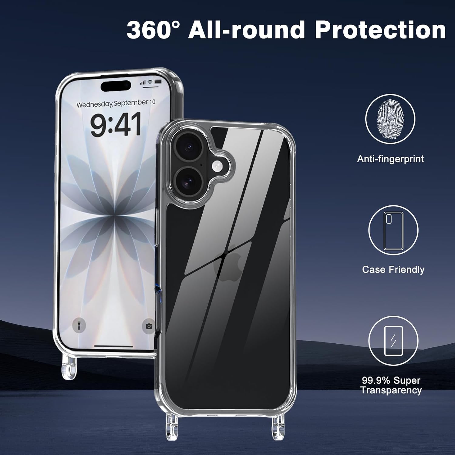 Coque iPhone 17 - Coque pour iPhone 17 avec cordon, transparente, anti-jaunissement, résistante aux chocs, coque de téléphone réglable avec lanière, coque de protection complète – Image 3