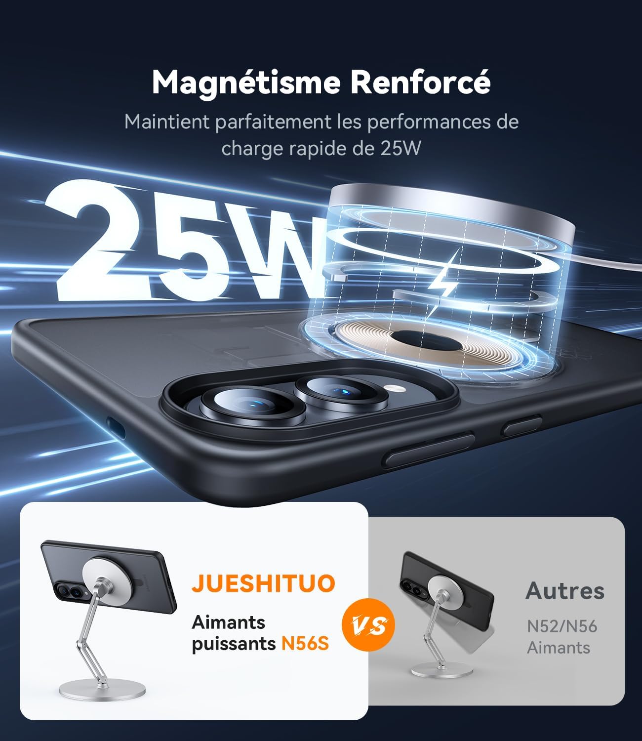 coque Samsung s25 Edge - JUESHITUO Coque pour Samsung Galaxy S25 Edge avec support rotatif à 360°, coque Magsafe ultra fine (anti-jaune) (norme militaire) (support invisible) antichoc anti-rayures – Noir mat – Image 6