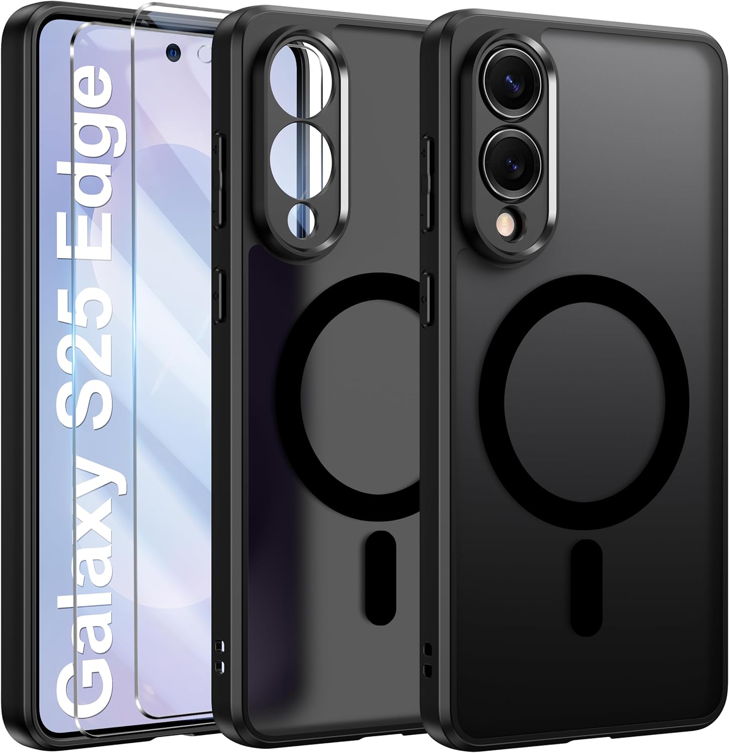 Samsung s25 Edge - Coque magnétique pour Samsung Galaxy S25 Edge compatible avec MagSafe avec 2 films de protection d'écran en verre trempé, anti-jaune, résistant aux chocs, protection d'appareil photo, coque mate (Noir) – Image 2