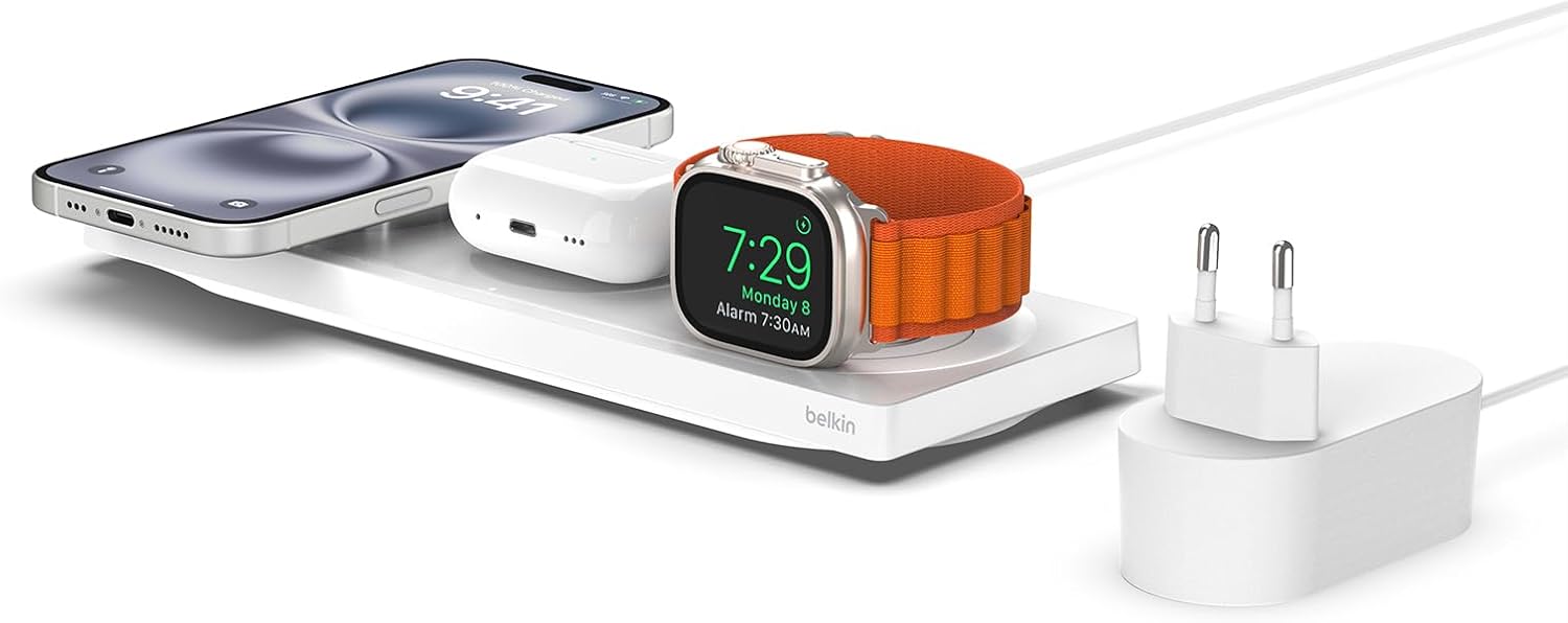 iphone 13 - Chargeur Belkin MagSafe, chargeur 3 en 1, certification MFi, chargeur sans fil rapide pour iPhone 16, 15, 14, 13, série 12, Apple Watch 10, 9, 8, 7, 6, Ultra (et versions antérieures), AirPods 2, AirPods Pro – Image 2
