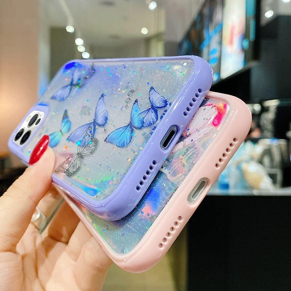 coque iphone 13 - LCHULLE Coque pour iPhone 13 Papillon Femmes Filles Irisé Laser Paillettes Étoiles Coque de Téléphone Antichoc Souple TPU Silicone Coque de Téléphone pour iPhone 13 Violet – Image 6