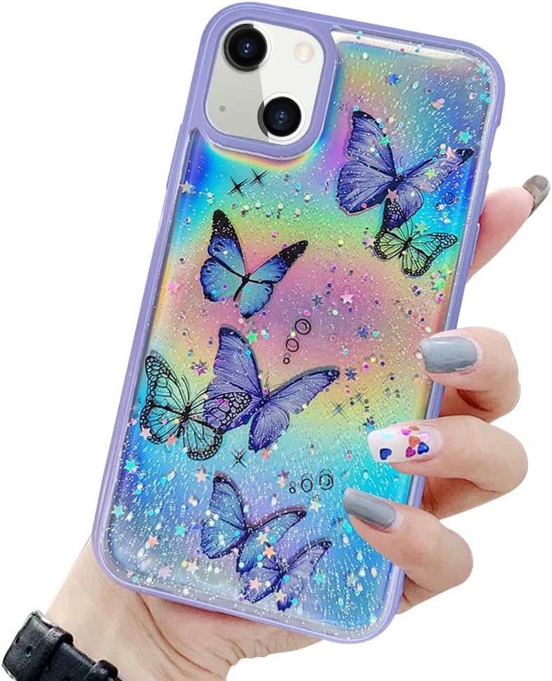 coque iphone 13 - LCHULLE Coque pour iPhone 13 Papillon Femmes Filles Irisé Laser Paillettes Étoiles Coque de Téléphone Antichoc Souple TPU Silicone Coque de Téléphone pour iPhone 13 Violet – Image 2