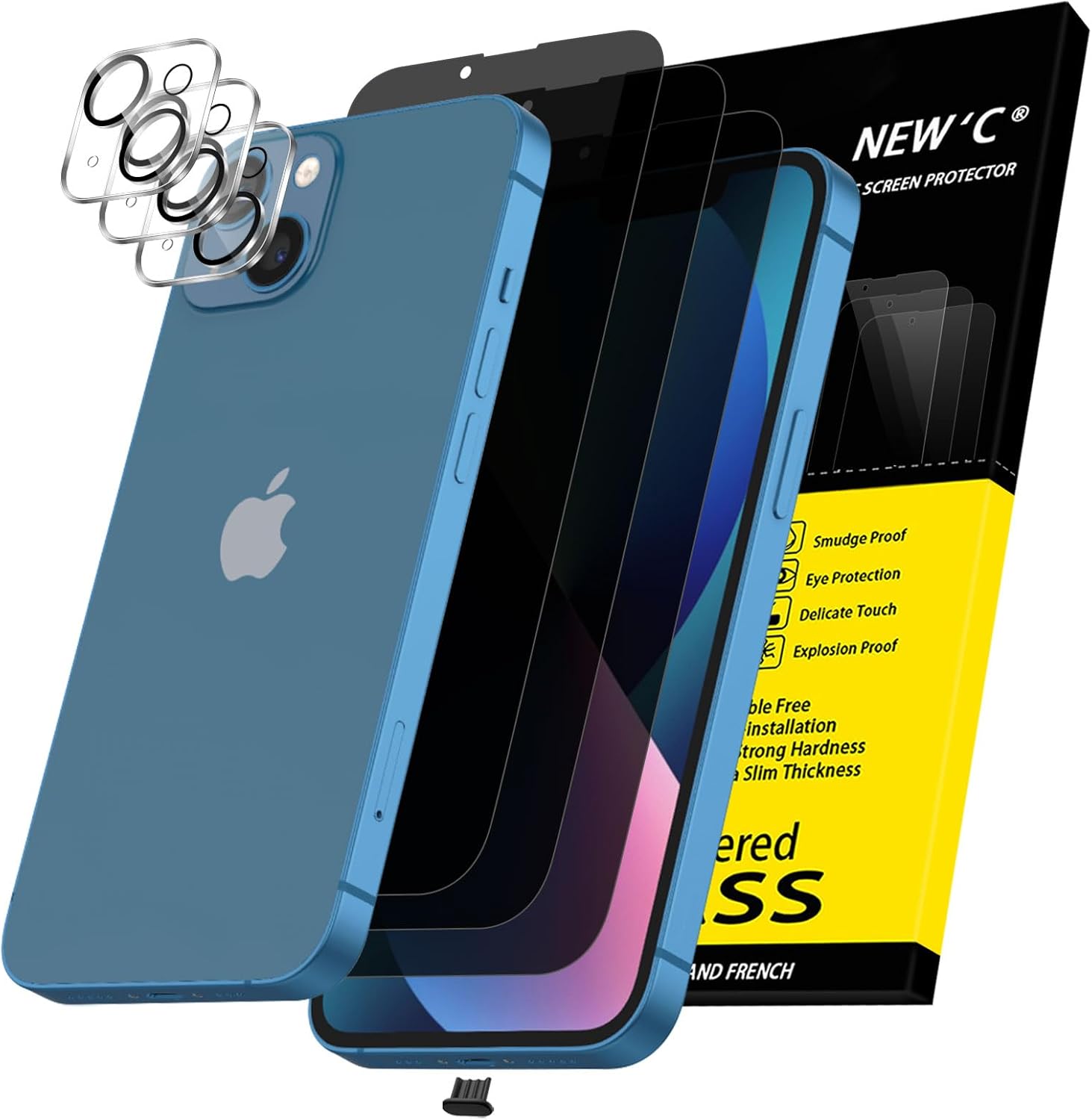 iphone 13 - NEW'C Lot de 6, 3 x Verre Trempé Anti-Espion pour iPhone 13 (6,1") et 3 x Protection Caméra Arrière + Bouchon Anti-Poussière - Verre Dureté 9H - Angle de Confidentialité Amélioré 28 Degrés – Image 2