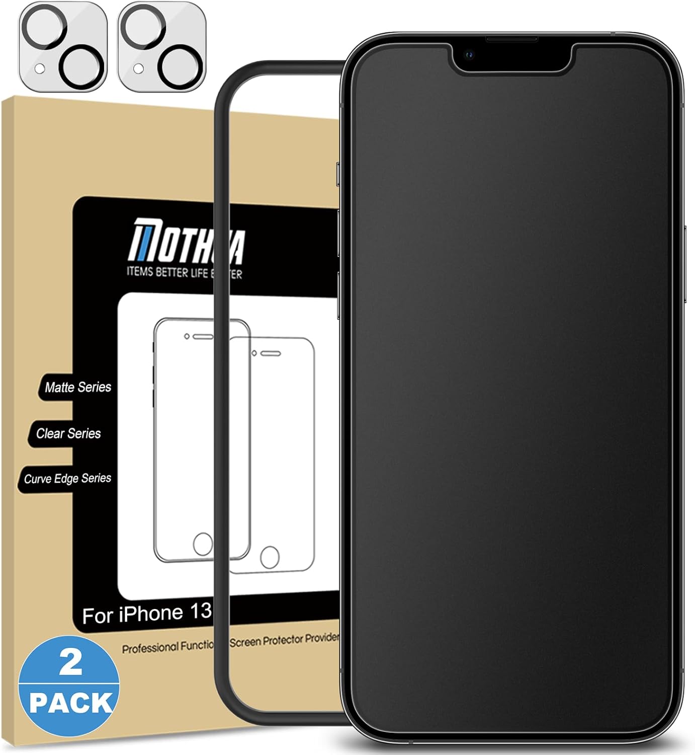 iphone 13 - Mothca (2 + 2 Pièces Films de Protection d'Écran en Verre Trempé Mat pour iPhone 13 + Protecteur de Caméra Arrière, Antireflet et Anti-Traces de Doigts, Verre Mat 9H - 6,1" (2021) – Image 2