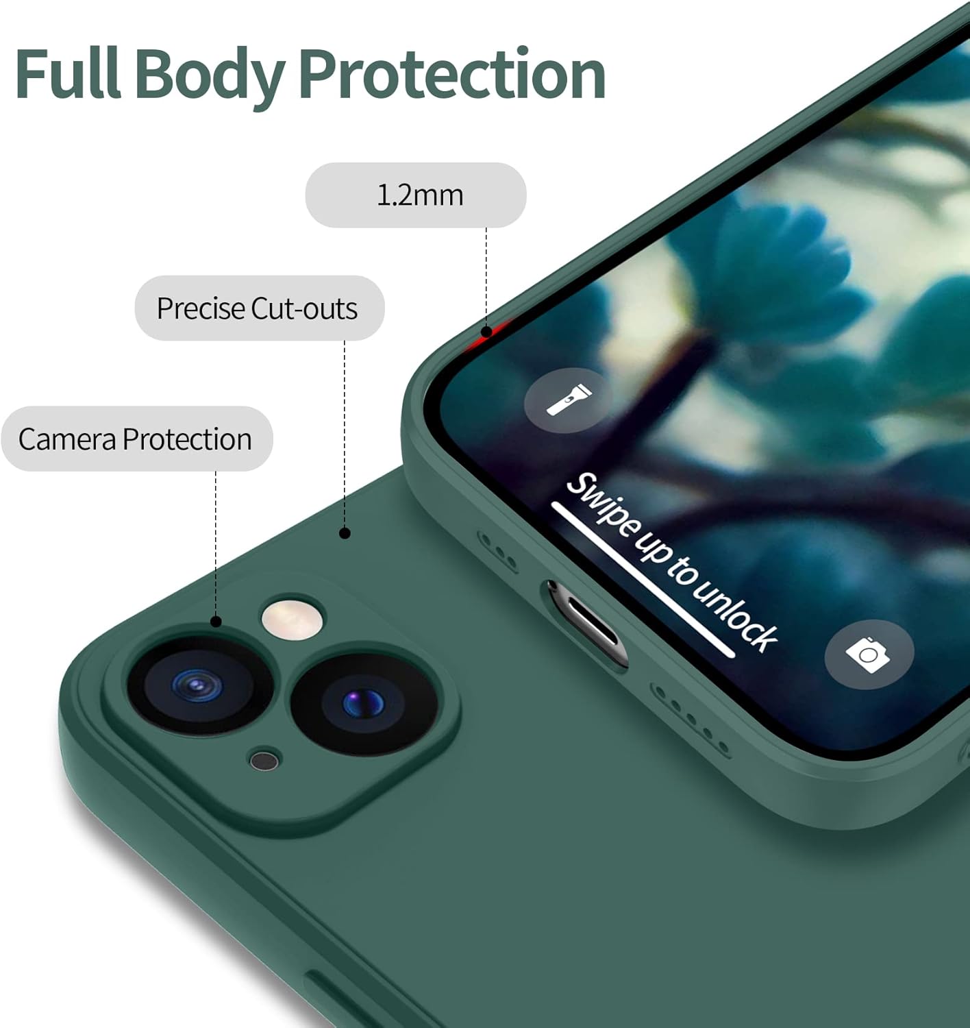 coque iphone 13 - Qasyfanc Coque de protection pour appareil photo pour iPhone 13 avec 2 pièces en verre trempé, coque de protection en silicone antichoc avec doublure en microfibre douce, coque ultra fine pour iPhone 13 6,1" (vert foncé) – Image 5