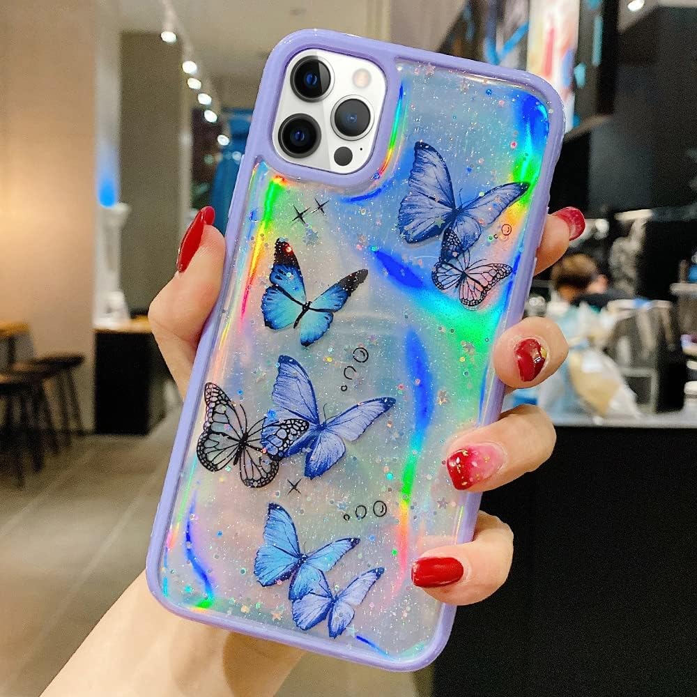 coque iphone 13 - LCHULLE Coque pour iPhone 13 Papillon Femmes Filles Irisé Laser Paillettes Étoiles Coque de Téléphone Antichoc Souple TPU Silicone Coque de Téléphone pour iPhone 13 Violet – Image 3