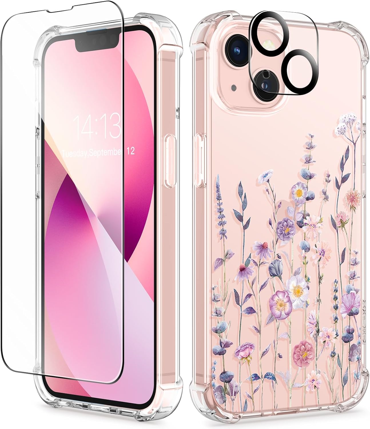 coque iphone 13 - GVIEWIN Compatible avec iPhone 13 6,1 pouces 2021, avec protecteur d'écran en verre trempé + protecteur d'appareil photo, coque de protection transparente en forme de fleurs, coque de protection fine et souple en TPU – Image 2