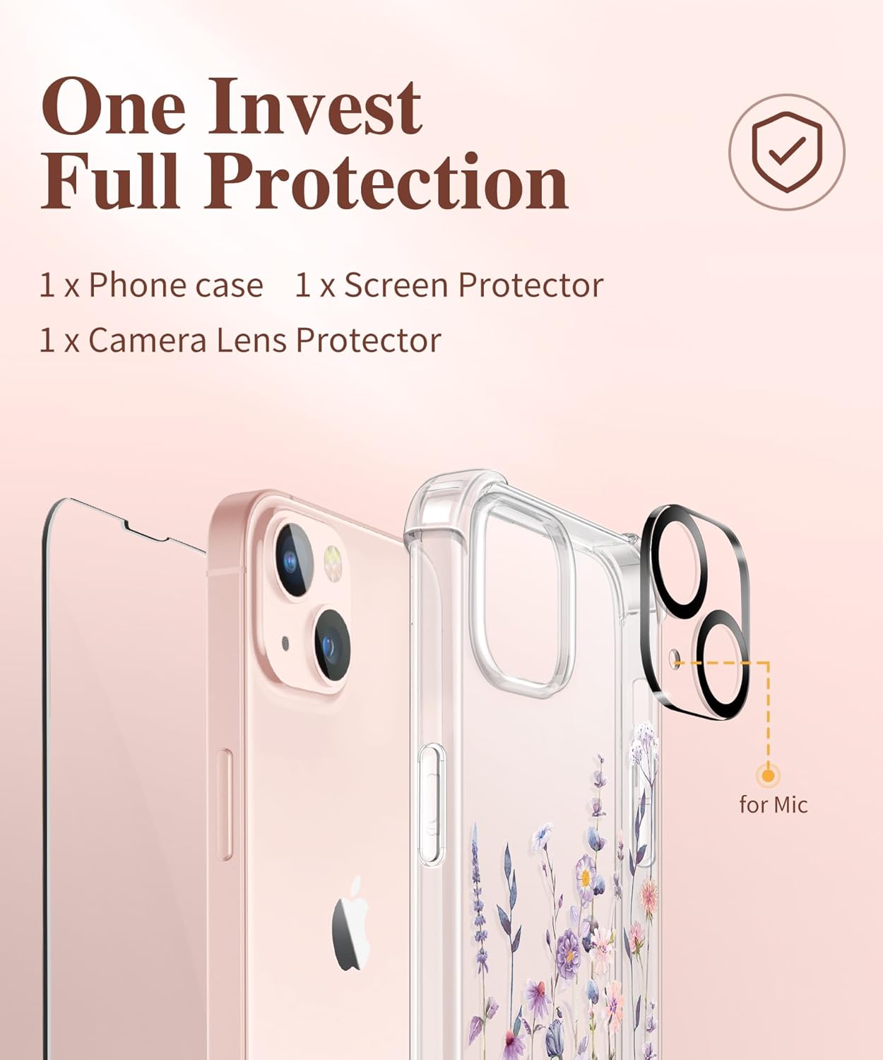 coque iphone 13 - GVIEWIN Compatible avec iPhone 13 6,1 pouces 2021, avec protecteur d'écran en verre trempé + protecteur d'appareil photo, coque de protection transparente en forme de fleurs, coque de protection fine et souple en TPU – Image 8
