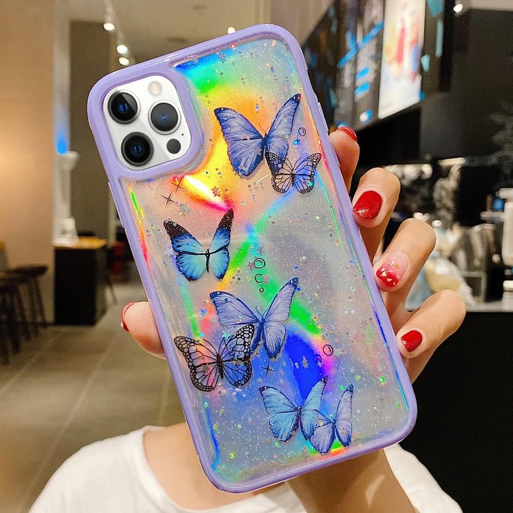 coque iphone 13 - LCHULLE Coque pour iPhone 13 Papillon Femmes Filles Irisé Laser Paillettes Étoiles Coque de Téléphone Antichoc Souple TPU Silicone Coque de Téléphone pour iPhone 13 Violet – Image 4