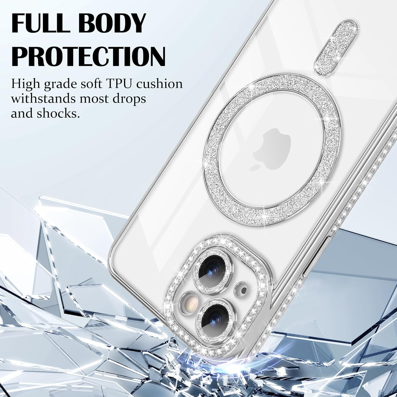coque iphone 13 - Newseego Coque pour iPhone 13, Paillettes Bling Luxe Diamant Coque 6,1" Compatible avec MagSafe TPU Flexible Transparent Dos Mignon Protection Antichoc pour iPhone 13 Argent – Image 7
