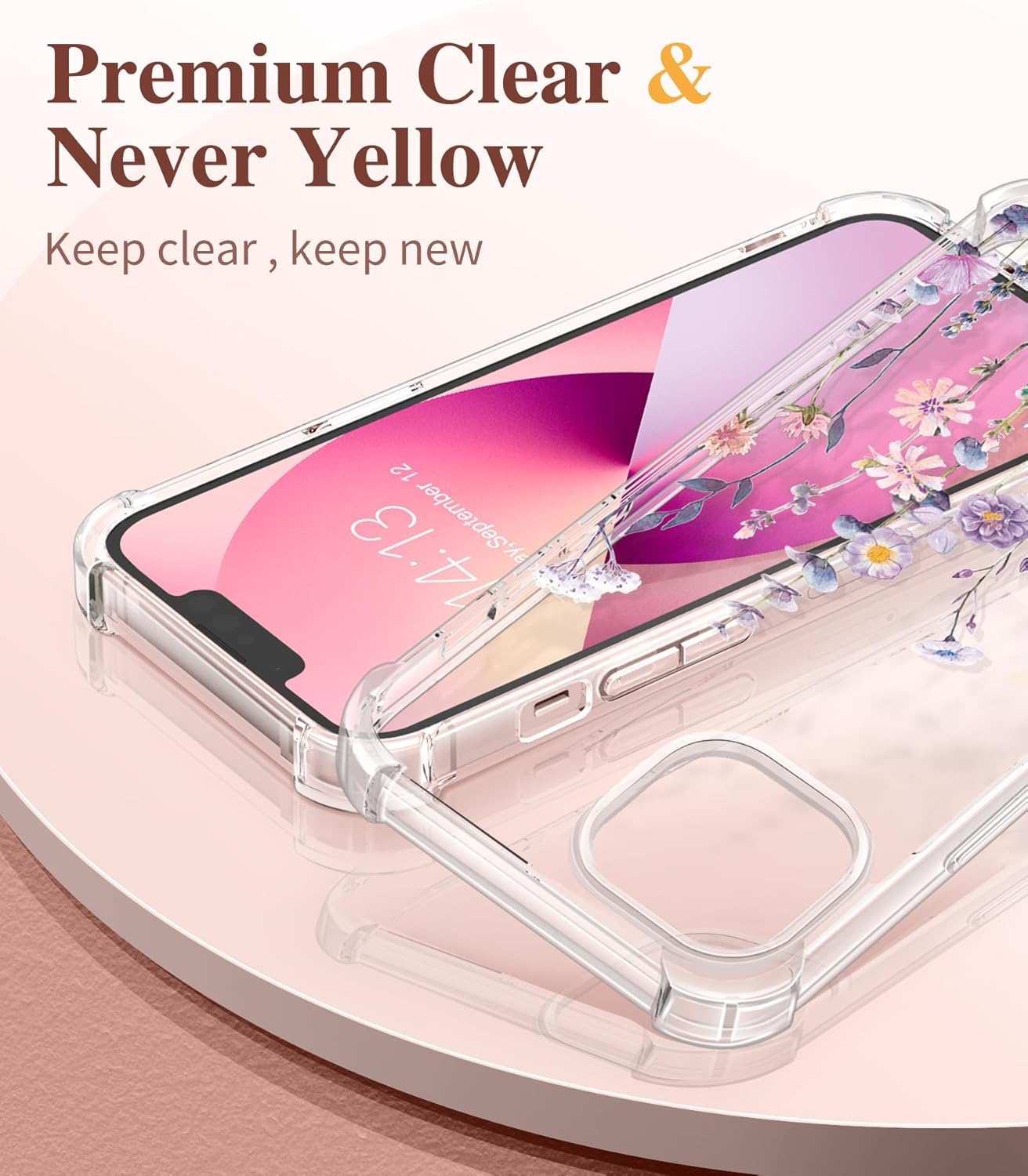 coque iphone 13 - GVIEWIN Compatible avec iPhone 13 6,1 pouces 2021, avec protecteur d'écran en verre trempé + protecteur d'appareil photo, coque de protection transparente en forme de fleurs, coque de protection fine et souple en TPU – Image 4