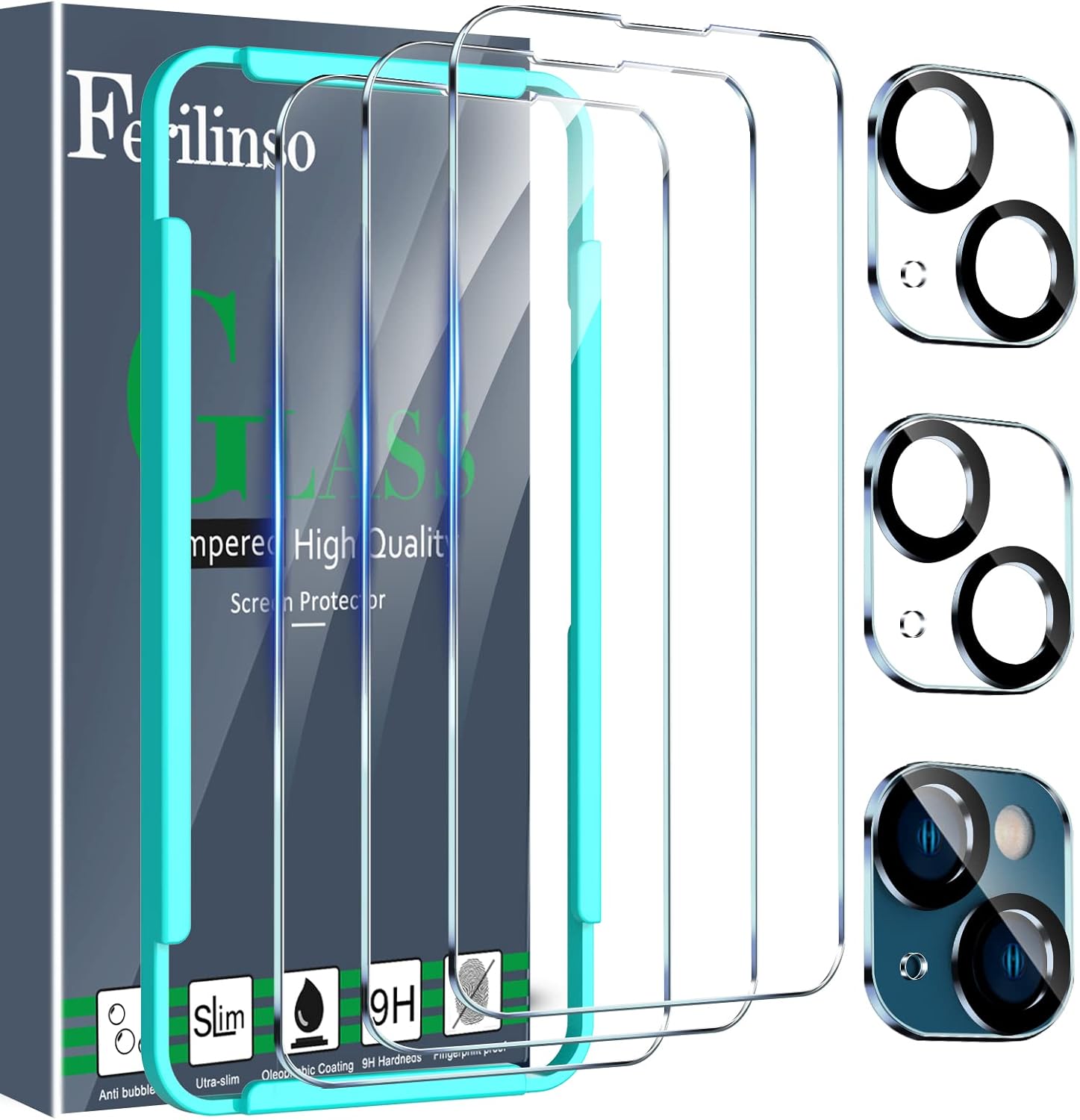 iphone 13 - Ferilinso (6-en-1) Protection en Verre Trempé pour iPhone 14 et iPhone 13 Accessoire 3 Pièces Protecteur d'Écran en Verre 3 Pièces Protection Objectif de Caméra Caméra Arrière Compatible avec Étui – Image 2