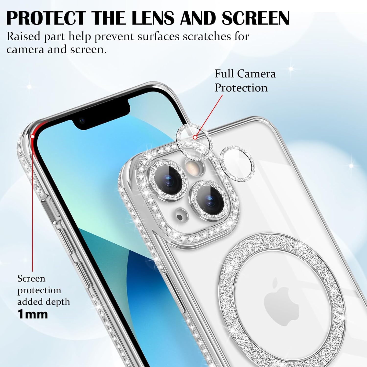 coque iphone 13 - Newseego Coque pour iPhone 13, Paillettes Bling Luxe Diamant Coque 6,1" Compatible avec MagSafe TPU Flexible Transparent Dos Mignon Protection Antichoc pour iPhone 13 Argent – Image 4