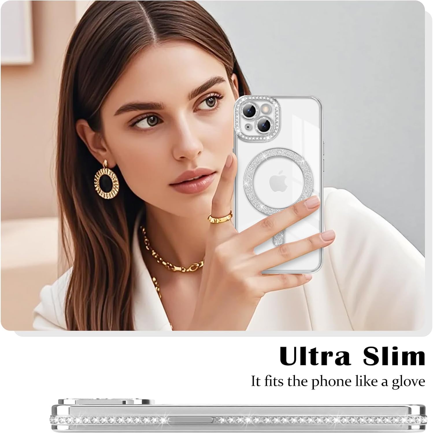 coque iphone 13 - Newseego Coque pour iPhone 13, Paillettes Bling Luxe Diamant Coque 6,1" Compatible avec MagSafe TPU Flexible Transparent Dos Mignon Protection Antichoc pour iPhone 13 Argent – Image 8