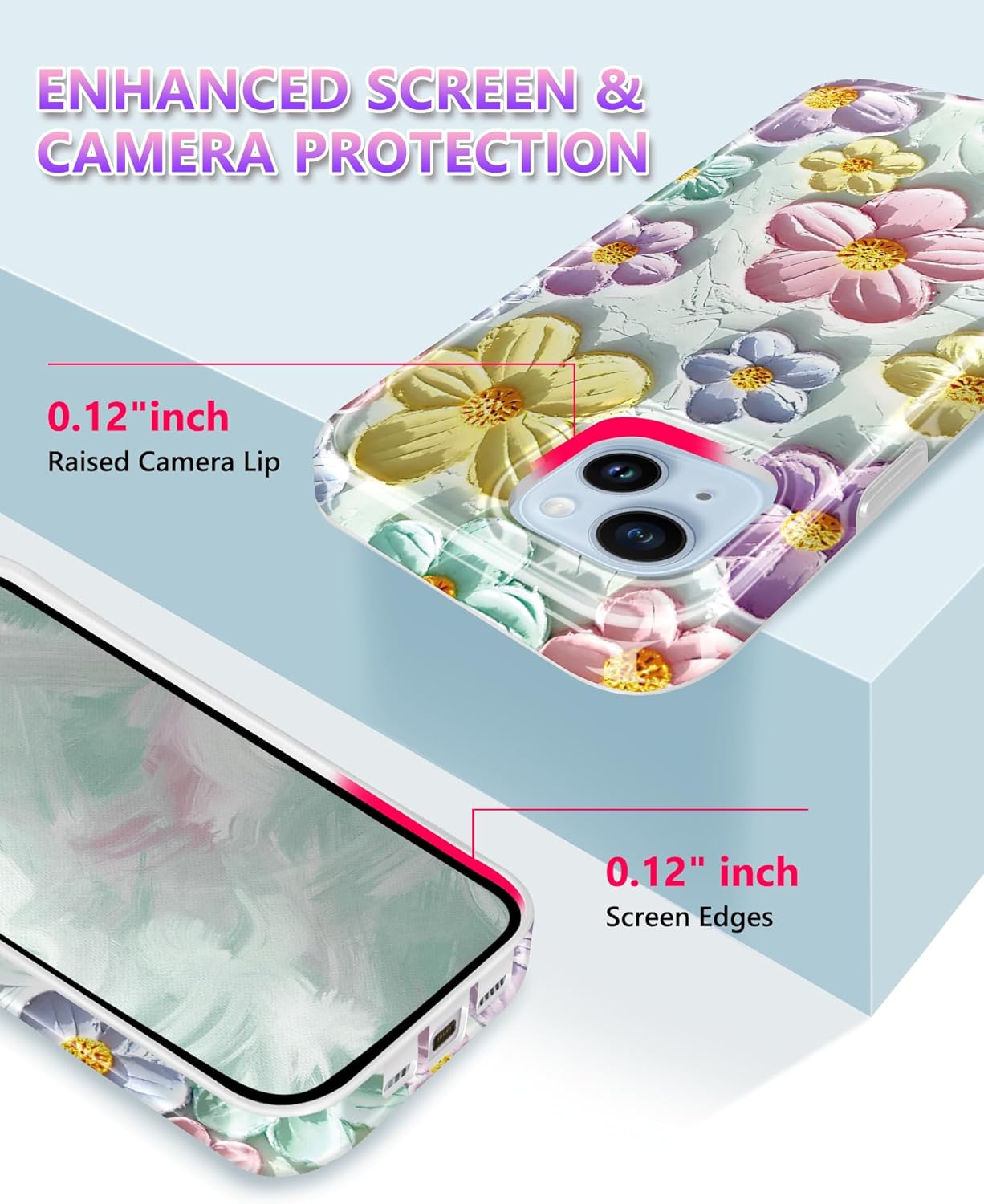 coque iphone 13 - JIAXIUFEN Coque pour iPhone 14 iPhone 13 Paillettes Rétro Peinture à l'huile Impression Motif Fleur Mince Antichoc Protection TPU Silicone Souple Coque de Téléphone Menthe Coloré – Image 5