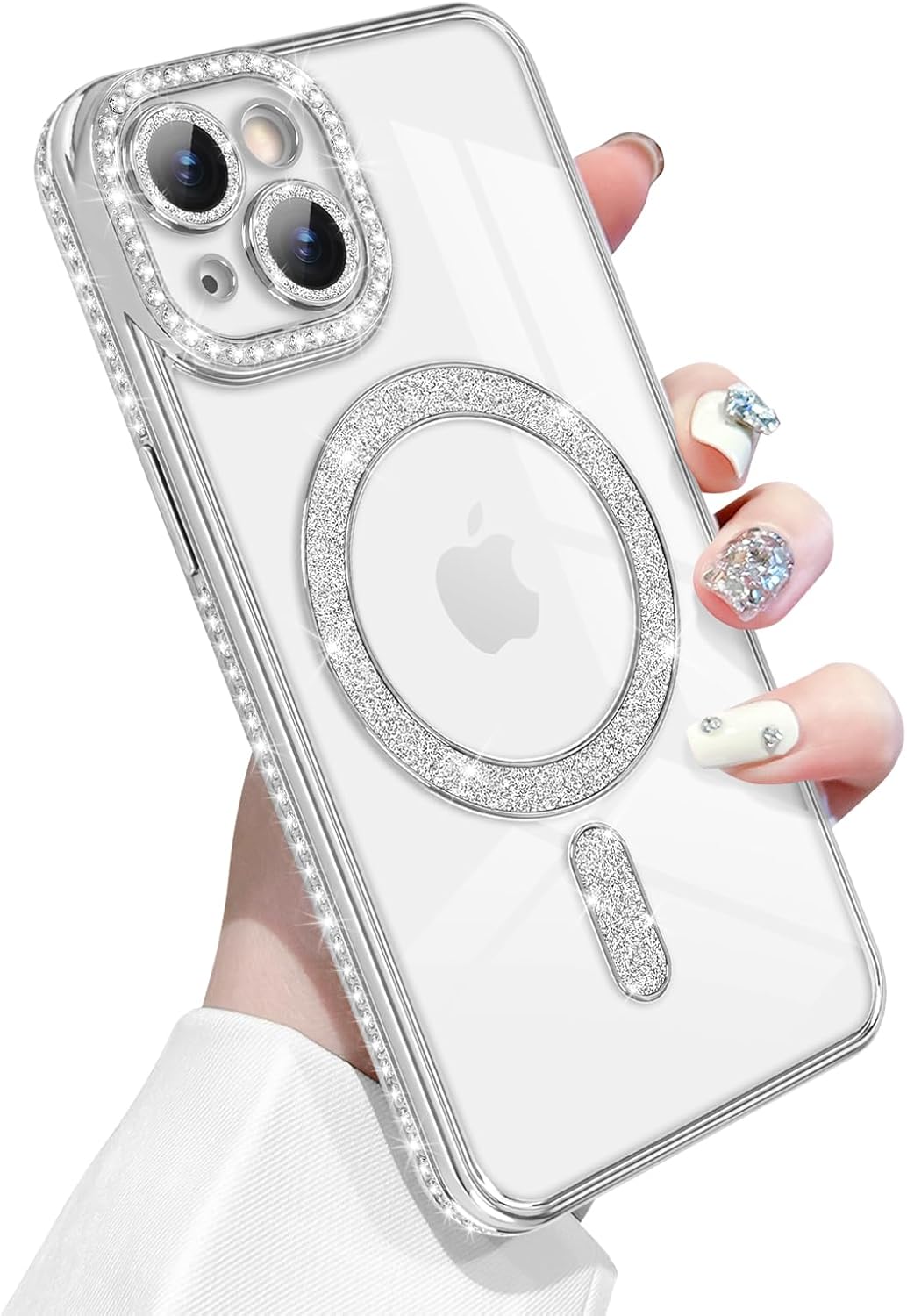 coque iphone 13 - Newseego Coque pour iPhone 13, Paillettes Bling Luxe Diamant Coque 6,1" Compatible avec MagSafe TPU Flexible Transparent Dos Mignon Protection Antichoc pour iPhone 13 Argent – Image 2