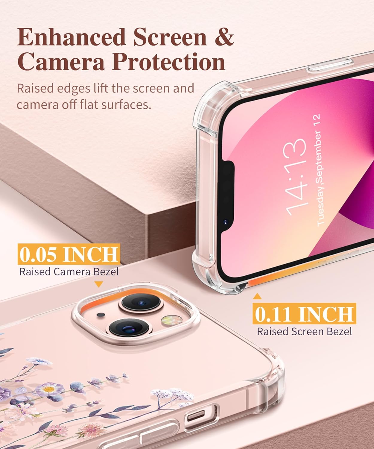 coque iphone 13 - GVIEWIN Compatible avec iPhone 13 6,1 pouces 2021, avec protecteur d'écran en verre trempé + protecteur d'appareil photo, coque de protection transparente en forme de fleurs, coque de protection fine et souple en TPU – Image 6