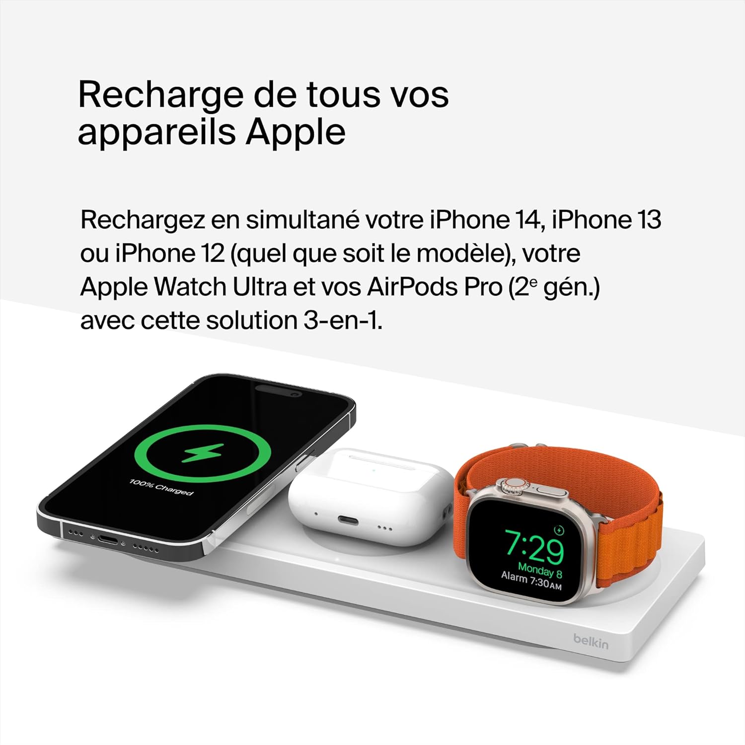 iphone 13 - Chargeur Belkin MagSafe, chargeur 3 en 1, certification MFi, chargeur sans fil rapide pour iPhone 16, 15, 14, 13, série 12, Apple Watch 10, 9, 8, 7, 6, Ultra (et versions antérieures), AirPods 2, AirPods Pro – Image 5