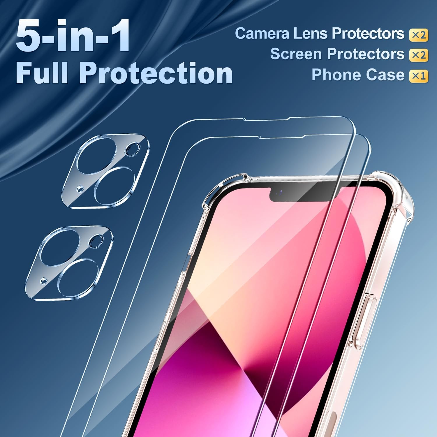 iphone 13 - SOGUDE Coque 5 en 1 pour iPhone 13 avec 2 verres trempés et 2 films de protection d'appareil photo, coque de protection antichoc avec coussin d'air intégré, fine Bumper Cover – Transparent – Image 4