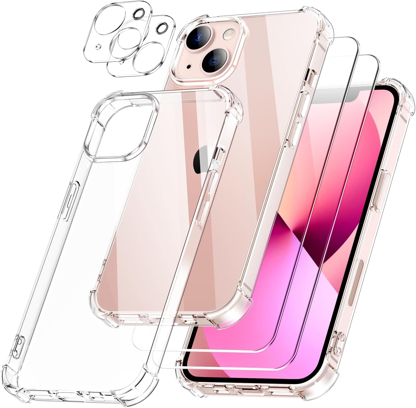 iphone 13 - SOGUDE Coque 5 en 1 pour iPhone 13 avec 2 verres trempés et 2 films de protection d'appareil photo, coque de protection antichoc avec coussin d'air intégré, fine Bumper Cover – Transparent – Image 2
