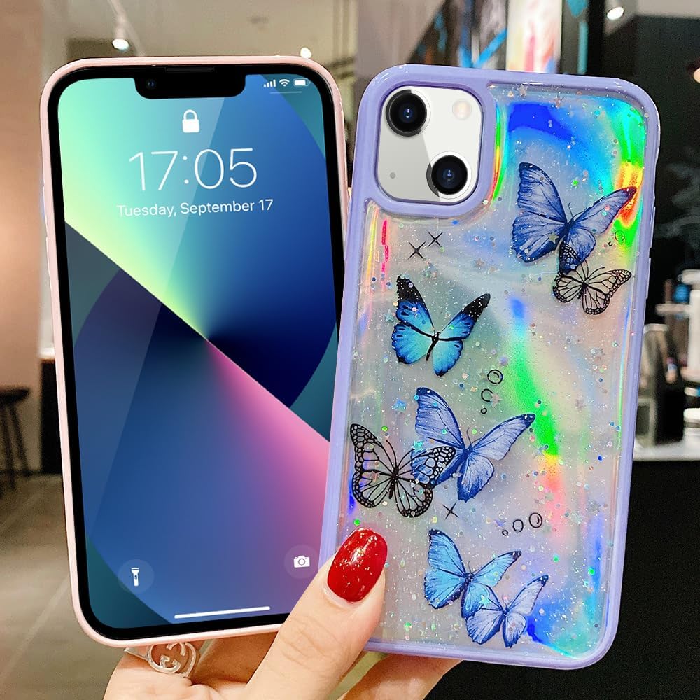 coque iphone 13 - LCHULLE Coque pour iPhone 13 Papillon Femmes Filles Irisé Laser Paillettes Étoiles Coque de Téléphone Antichoc Souple TPU Silicone Coque de Téléphone pour iPhone 13 Violet – Image 7
