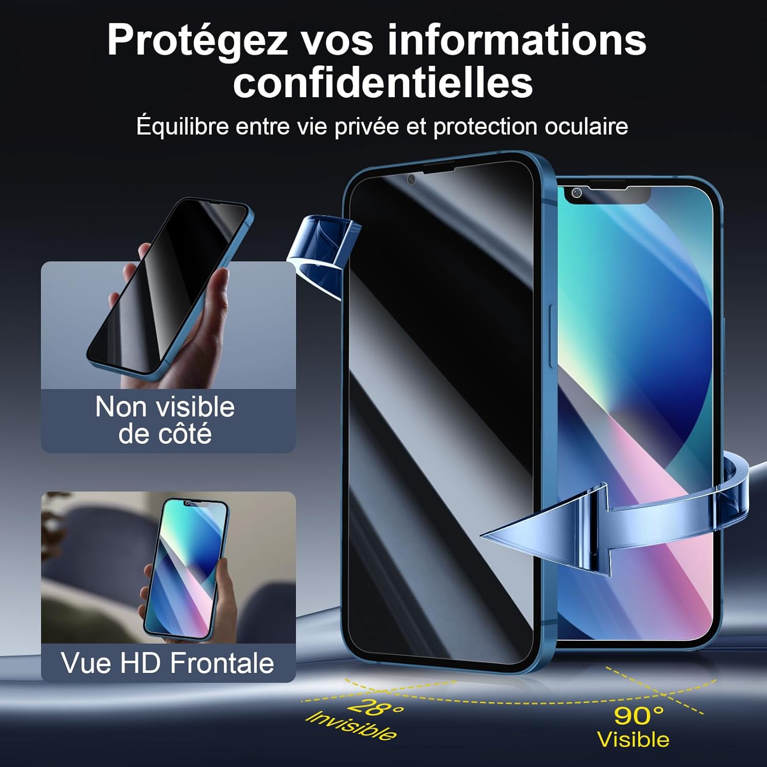 iphone 13 - NEW'C Lot de 6, 3 x Verre Trempé Anti-Espion pour iPhone 13 (6,1") et 3 x Protection Caméra Arrière + Bouchon Anti-Poussière - Verre Dureté 9H - Angle de Confidentialité Amélioré 28 Degrés – Image 4