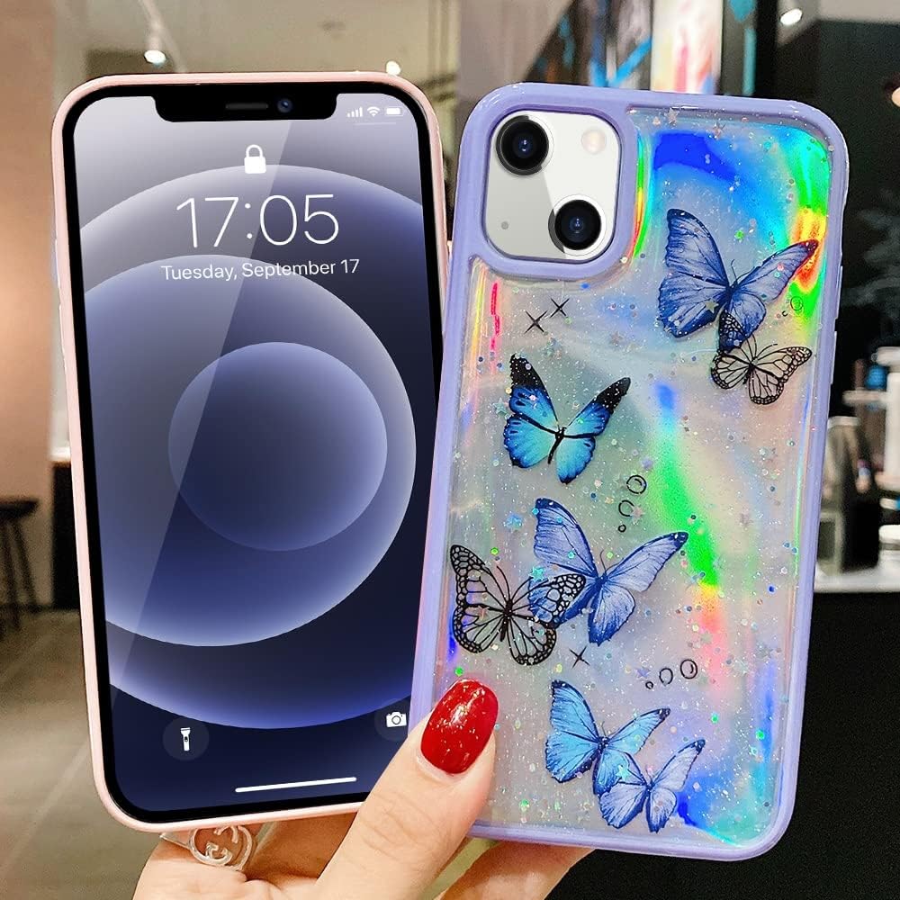 coque iphone 13 - LCHULLE Coque pour iPhone 13 Papillon Femmes Filles Irisé Laser Paillettes Étoiles Coque de Téléphone Antichoc Souple TPU Silicone Coque de Téléphone pour iPhone 13 Violet – Image 8