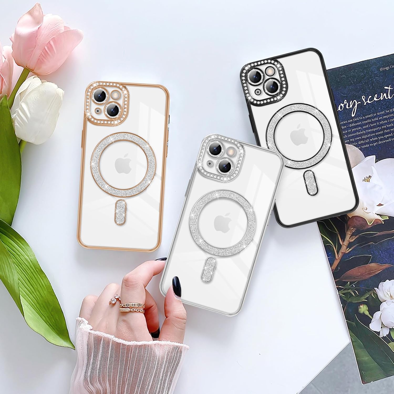 coque iphone 13 - Newseego Coque pour iPhone 13, Paillettes Bling Luxe Diamant Coque 6,1" Compatible avec MagSafe TPU Flexible Transparent Dos Mignon Protection Antichoc pour iPhone 13 Argent – Image 9