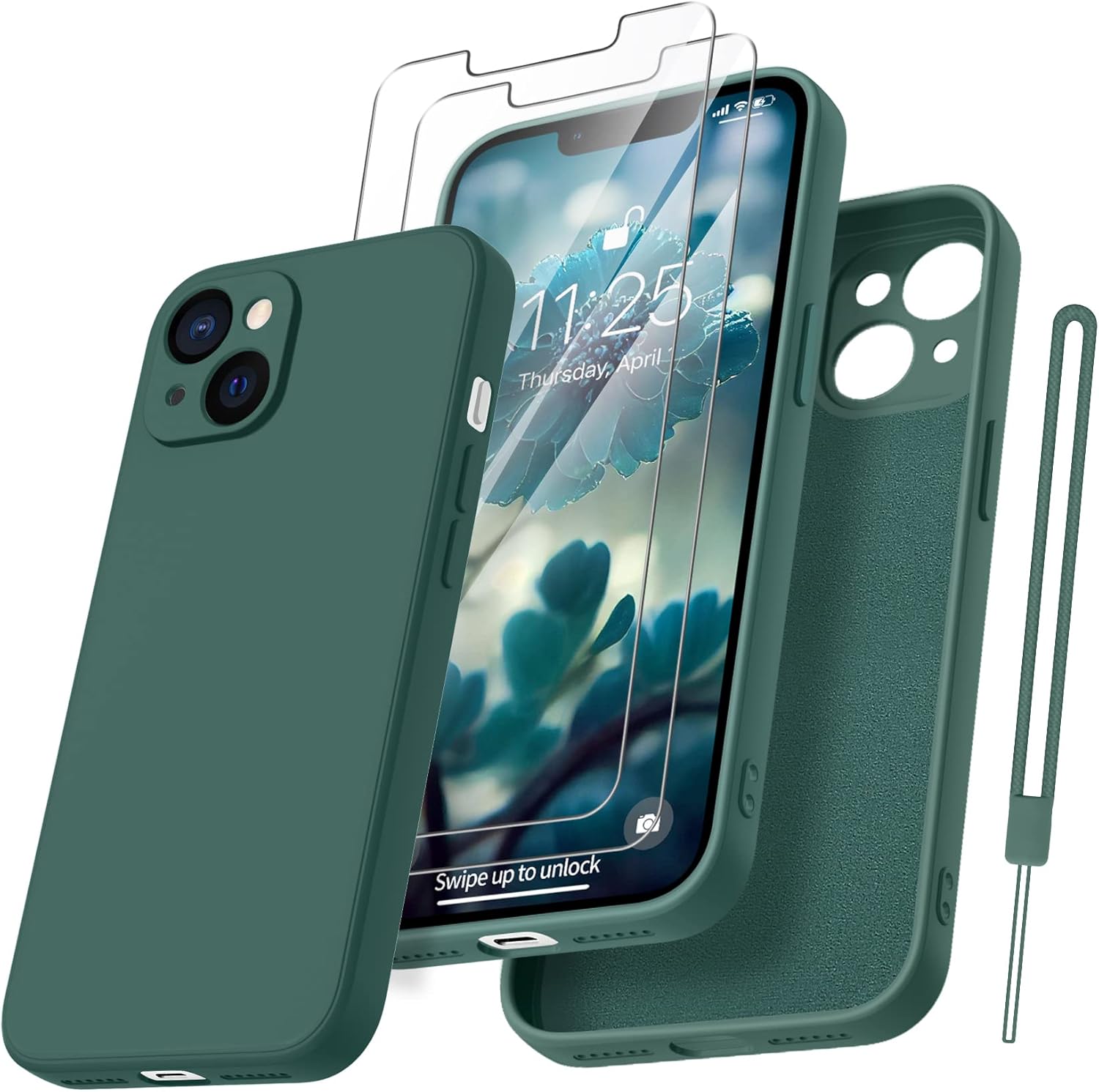 coque iphone 13 - Qasyfanc Coque de protection pour appareil photo pour iPhone 13 avec 2 pièces en verre trempé, coque de protection en silicone antichoc avec doublure en microfibre douce, coque ultra fine pour iPhone 13 6,1" (vert foncé) – Image 2