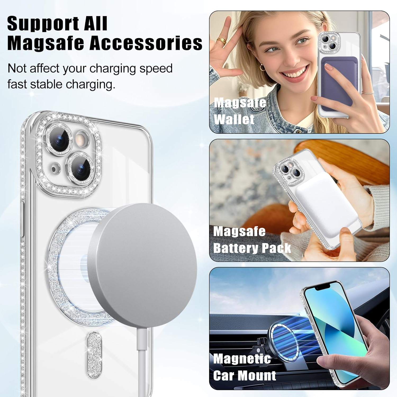 coque iphone 13 - Newseego Coque pour iPhone 13, Paillettes Bling Luxe Diamant Coque 6,1" Compatible avec MagSafe TPU Flexible Transparent Dos Mignon Protection Antichoc pour iPhone 13 Argent – Image 5