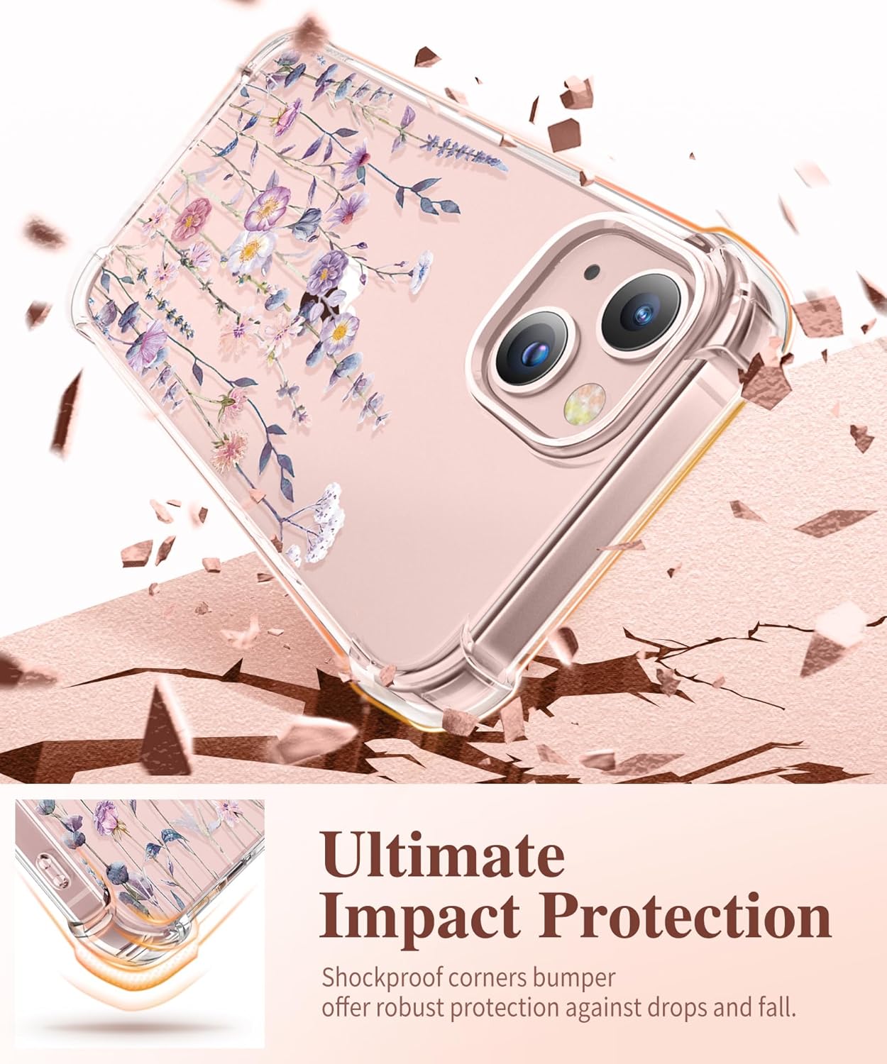 coque iphone 13 - GVIEWIN Compatible avec iPhone 13 6,1 pouces 2021, avec protecteur d'écran en verre trempé + protecteur d'appareil photo, coque de protection transparente en forme de fleurs, coque de protection fine et souple en TPU – Image 5