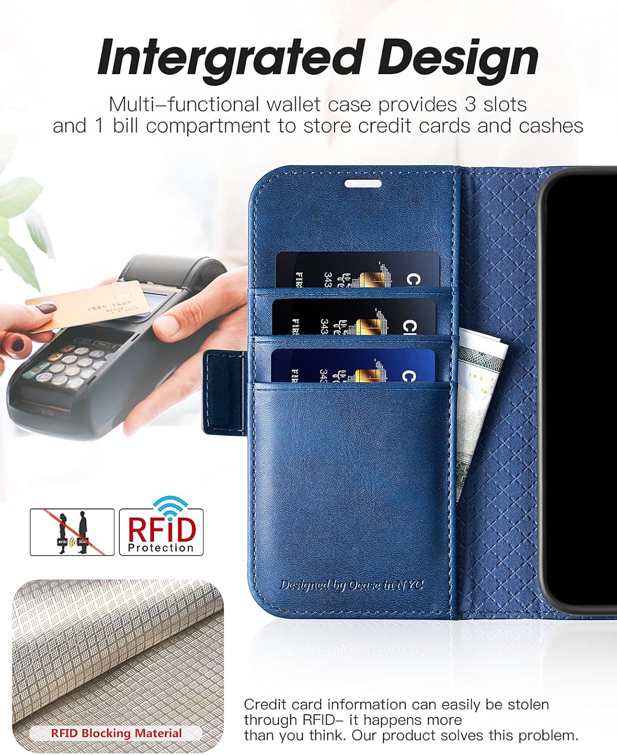 coque iphone 13 - OCASE Coque rétro pour iPhone 13 – Étui portefeuille (blocage RFID) (béquille) (emplacements pour cartes) résistant aux chocs en cuir PU TPU pour 6,1 pouces (série rétro, bleu) – Image 4