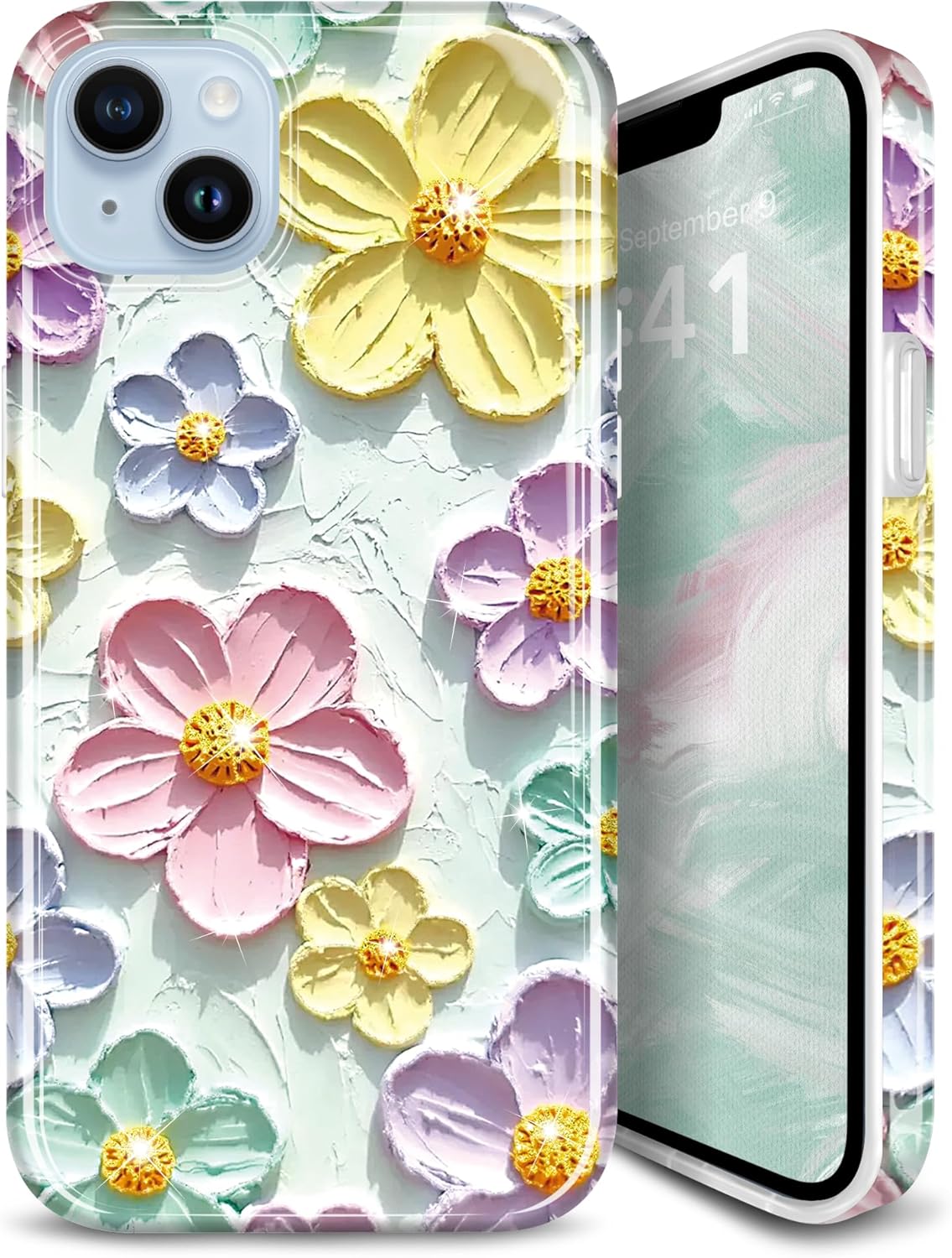 coque iphone 13 - JIAXIUFEN Coque pour iPhone 14 iPhone 13 Paillettes Rétro Peinture à l'huile Impression Motif Fleur Mince Antichoc Protection TPU Silicone Souple Coque de Téléphone Menthe Coloré – Image 2