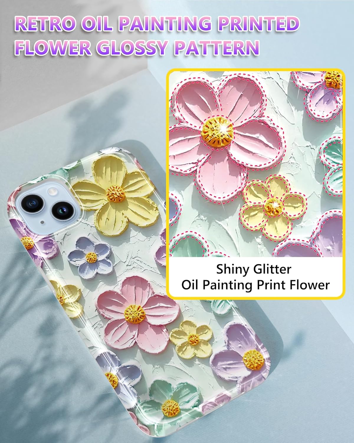 coque iphone 13 - JIAXIUFEN Coque pour iPhone 14 iPhone 13 Paillettes Rétro Peinture à l'huile Impression Motif Fleur Mince Antichoc Protection TPU Silicone Souple Coque de Téléphone Menthe Coloré – Image 3