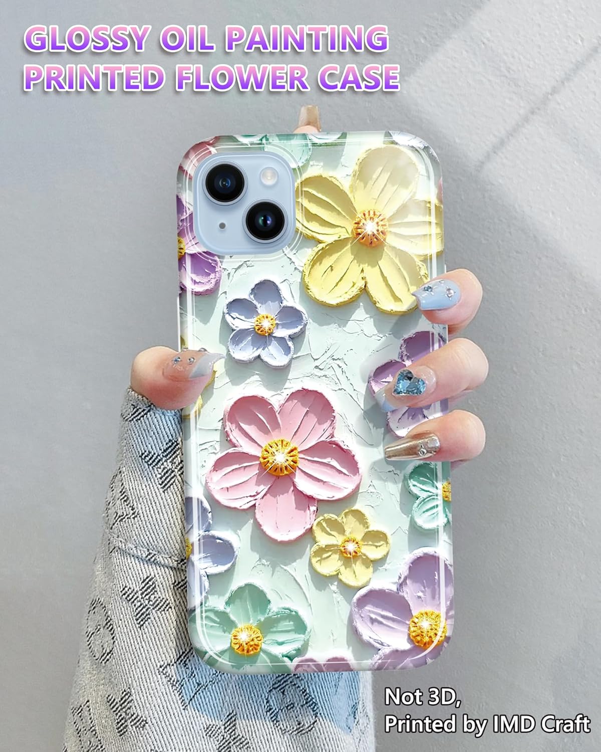 coque iphone 13 - JIAXIUFEN Coque pour iPhone 14 iPhone 13 Paillettes Rétro Peinture à l'huile Impression Motif Fleur Mince Antichoc Protection TPU Silicone Souple Coque de Téléphone Menthe Coloré – Image 4