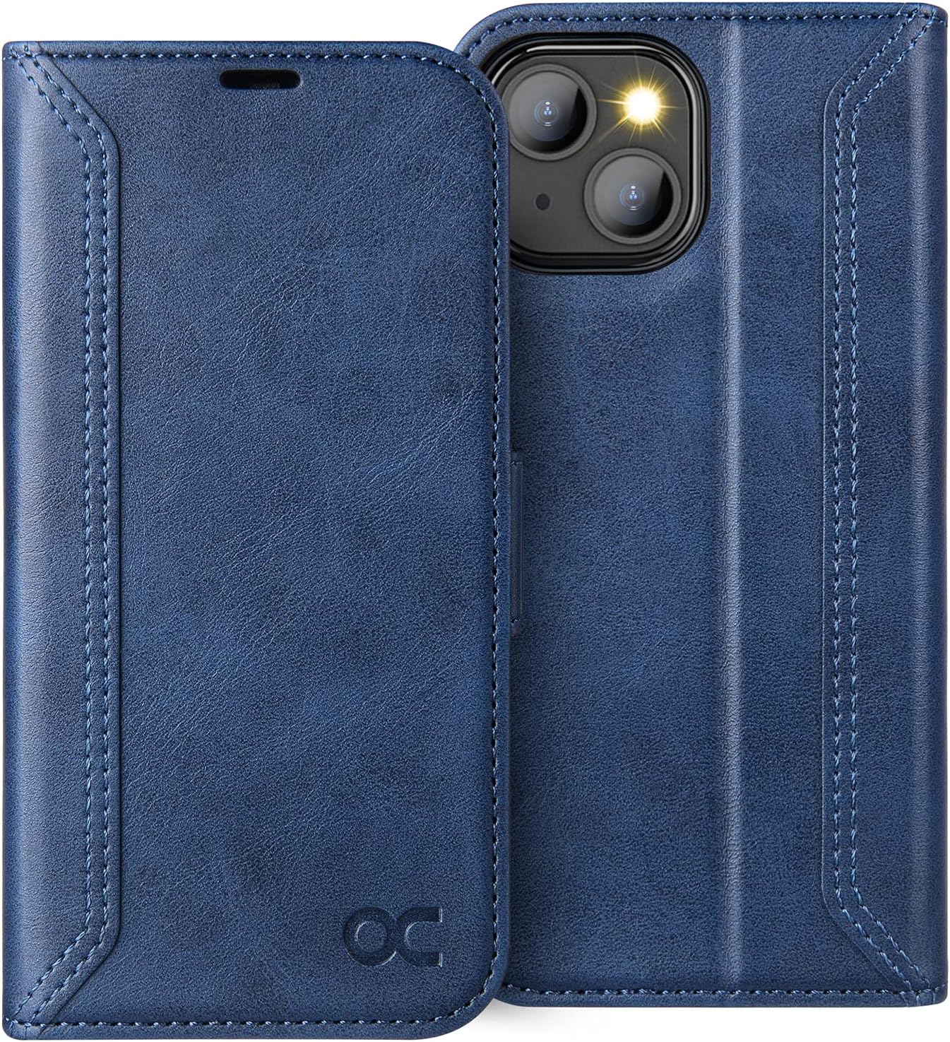 coque iphone 13 - OCASE Coque rétro pour iPhone 13 – Étui portefeuille (blocage RFID) (béquille) (emplacements pour cartes) résistant aux chocs en cuir PU TPU pour 6,1 pouces (série rétro, bleu) – Image 2